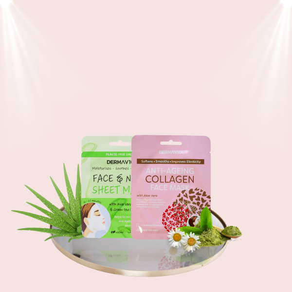 Pamper & Glow Set (Derma V10 Aloe Vera Mask, Derma V10 Collagen Mask, SO Eco Facial Cleansing Kit, Cotton Pads)