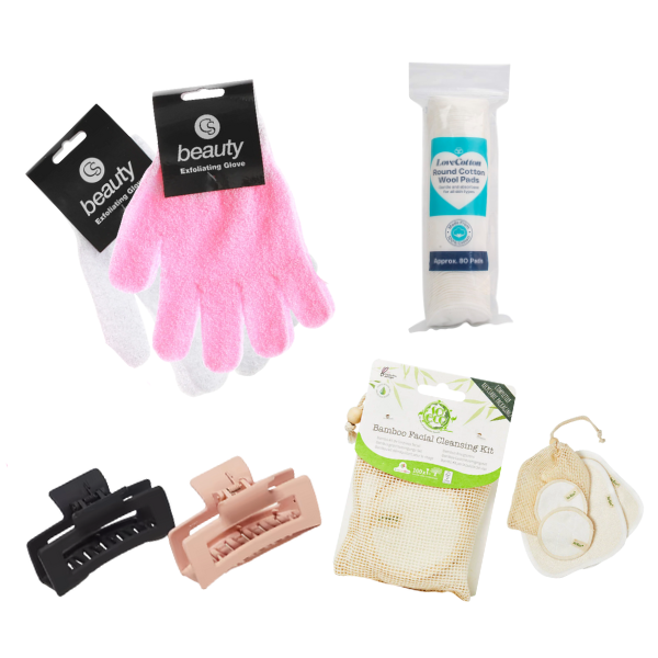 Self-Care Travel Kit (Cotton Pads, SO Eco Cleansing Kit, Hair Clip Pack, Exfoliating Glove)