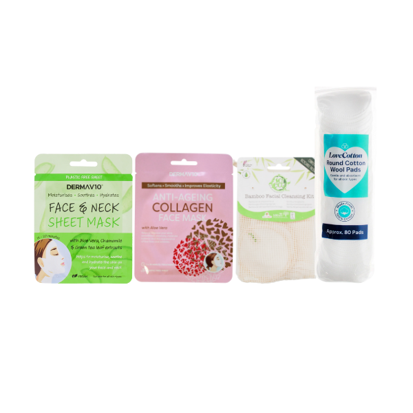 Pamper & Glow Set (Derma V10 Aloe Vera Mask, Derma V10 Collagen Mask, SO Eco Facial Cleansing Kit, Cotton Pads)