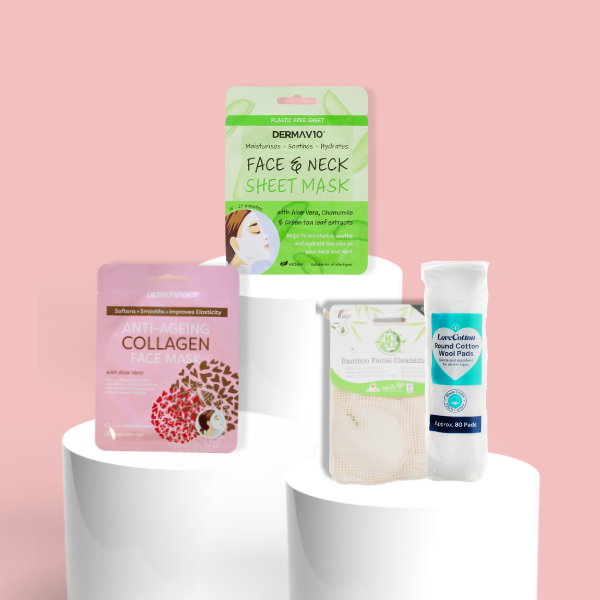 Pamper & Glow Set (Derma V10 Aloe Vera Mask, Derma V10 Collagen Mask, SO Eco Facial Cleansing Kit, Cotton Pads)