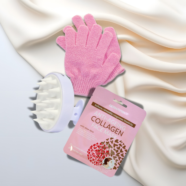 Relax & Restore Gift Box ( Derma V10 Collagen Mask, Scalp Massager, Exfoliating Glove)