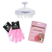 Beauty product set with exfoliating glove, face scrubber, and anti-aging collagen face mask on a white background.