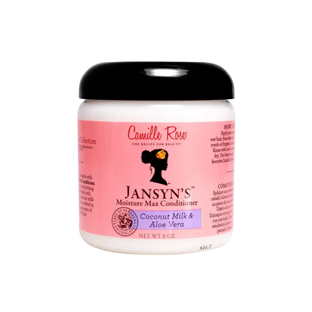 Jansyn's Moisture Max Conditioner jar with pink label on a white background