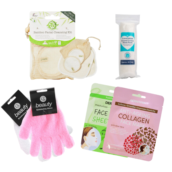 Collection of skincare products including gloves, face sheets, and masks on a white background