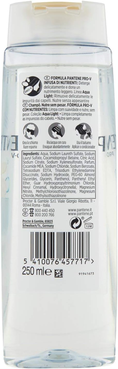 Back view of a clear bottle with text and a barcode on a white background