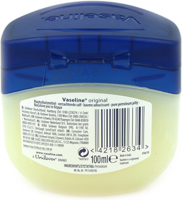 Vaseline original petroleum jelly container with blue lid on a white background
