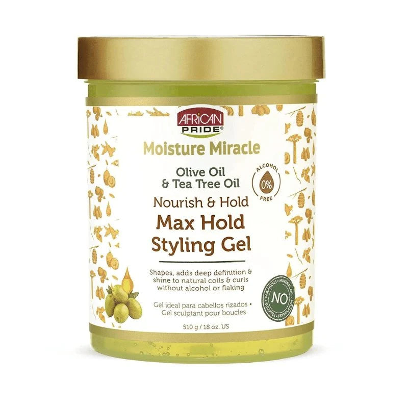 African Pride Moisture Miracle Olive Oil & Tea Tree Oil Max Hold Styling Gel Front Afro Hair Haircare