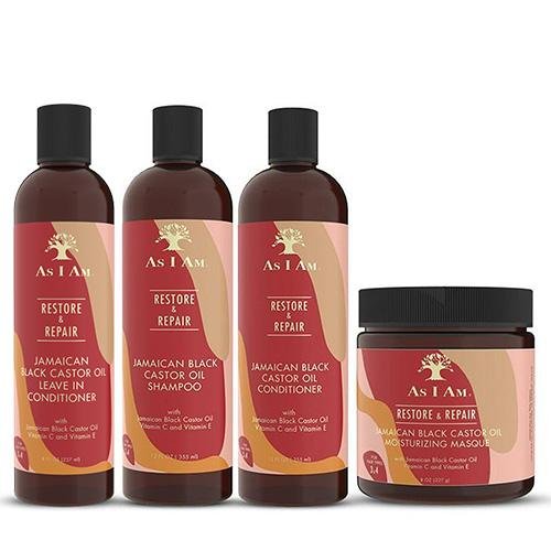 As I Am Jamaican Black Castor Oil Moisturizing Masque As I am JBCO Jamaican Castor Oil Shampoo As I Am JBCO Castor Oil Conditioner As I Am JBCO Castor Oil Leave In Conditioner Front Afro Hair Haircare