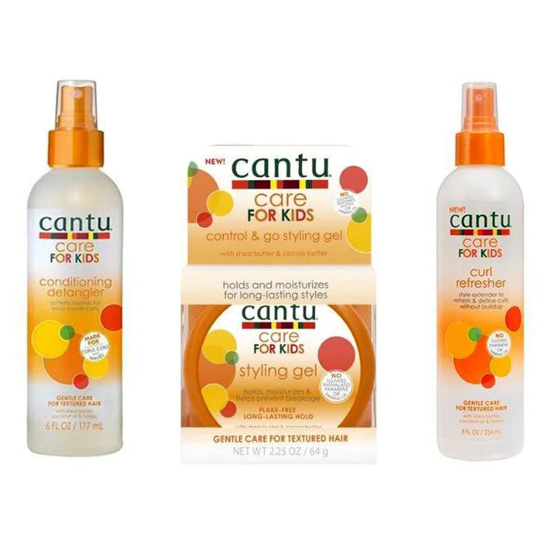 Cantu Care For Kids Conditioning Detangler, Control & go styling gel, curl refresher Front Afro Hair Haircare