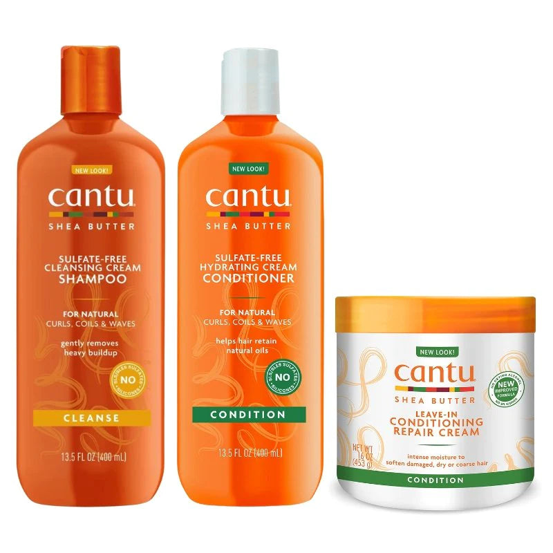 Cantu Shea Butter Sulfate Free Cleansing Cream Shampoo, Conditioner and Repair Cream Pack  Front Afro Hair Haircare