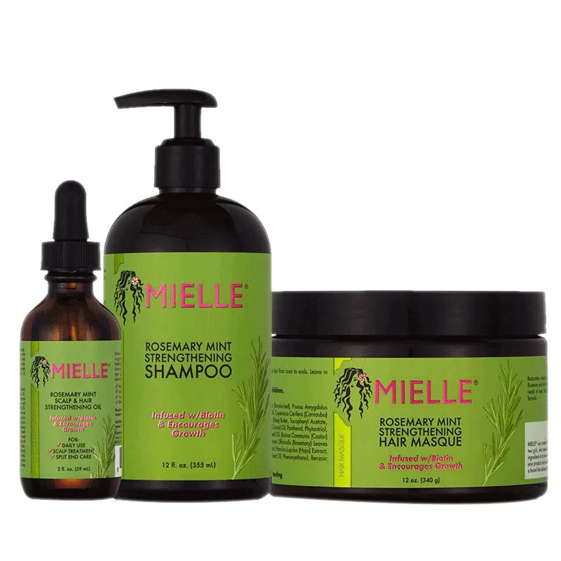 Mielle Rosemary Mint Strengthening Hair Masque, Shampoo and Oil Front Afro Hair Haircare