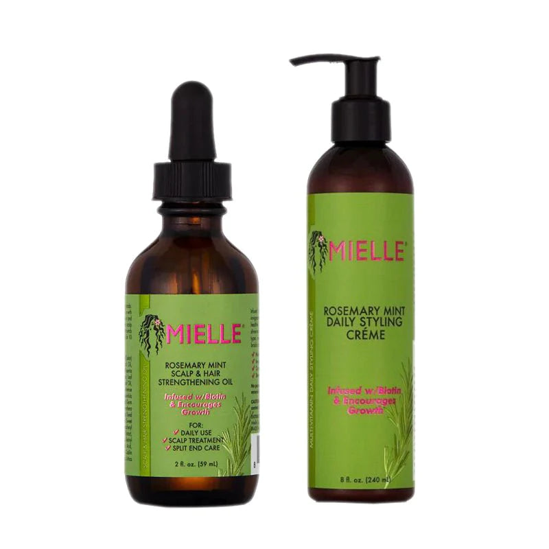 Mielle Organics Strengthening Oil Mint Multivitamin and Daily Styling Crème Front Afro Hair Haircare