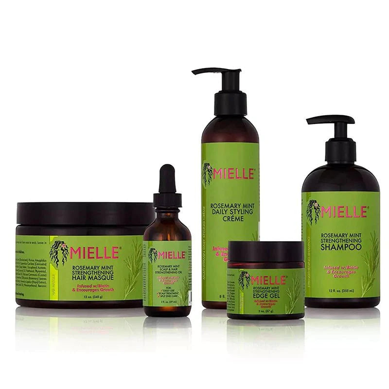 Mielle Organics Rosemary Hair Masque, Strengthening Oil, Daily Styling Creme, Strengthening Edge Gel and Strengthening Shampoo Set  Front Afro Hair Haircare